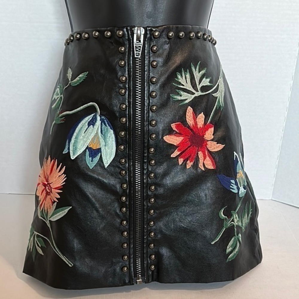 Dance & Marvel Embroidered stud Black Leather Skirt small